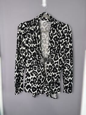 Annalee + Hope Black Gray Leopard Print Cardigan Faux Leather Snap Closure Sm